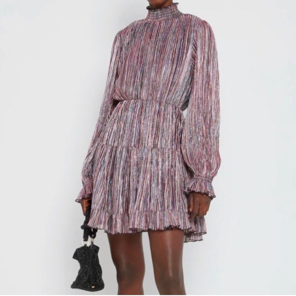 OPT Lluvia Smocked Neck Long Sleeve Metallic Rainbow Striped Mini Dress